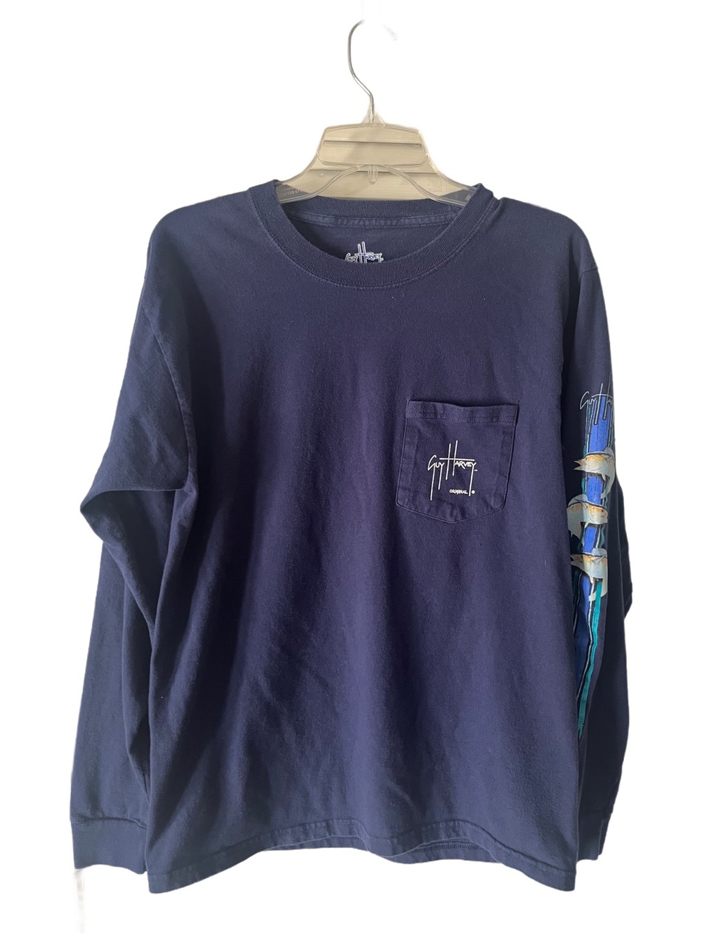 Guy Harvey Bluewater Long Sleeve Fishing Shirt Pocket Tee Fish Graphic Size M